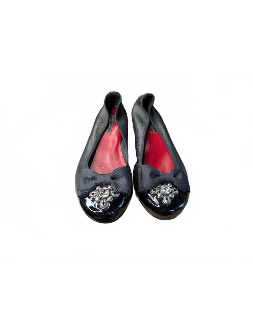 Brighton Black Leather Ballet‎ Flats with Bow and Crystal Embellishment Size 10